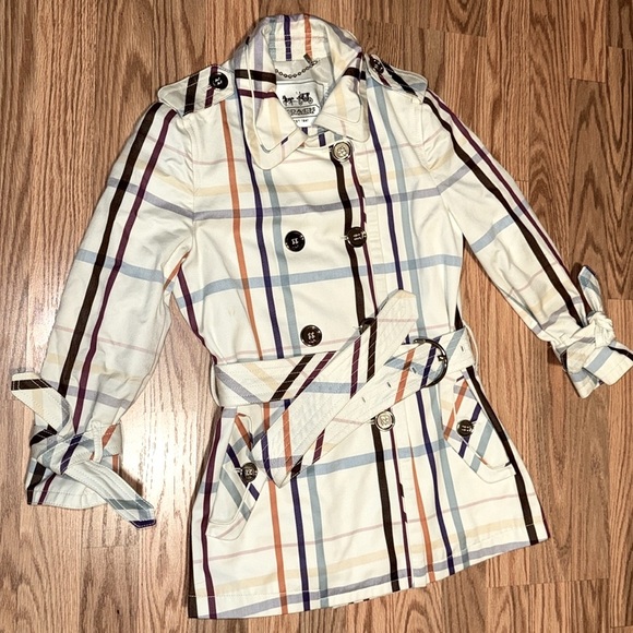 Coach Jackets & Blazers - COACH Multicolor Plaid short Trench Coat belted jacket size 0 fall